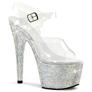Durchsichtige High Heel Plateau Sandalette BEJEWELED-708DM mit silbernen Strasssteinen besetztem 7 cm Plateau und 17,5 cm Absatz, sowie einer weichgepolsterten hellen Innensohle.