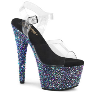 Durchsichtige High Heel Plateau Sandalette BEJEWELED-708MS mit unterschiedlich großen Strasssteinen besetztem 7 cm Plateau und 17,5 cm Absatz, sowie einer weichgepolsterten schwarzen Innensohle.
