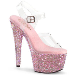 Durchsichtige High Heel Plateau Sandalette BEJEWELED-708MS mit unterschiedlich großen baby pinken Strasssteinen besetztem 7 cm Plateau und 17,5 cm Absatz, sowie einer weichgepolsterten pinken Innensohle.