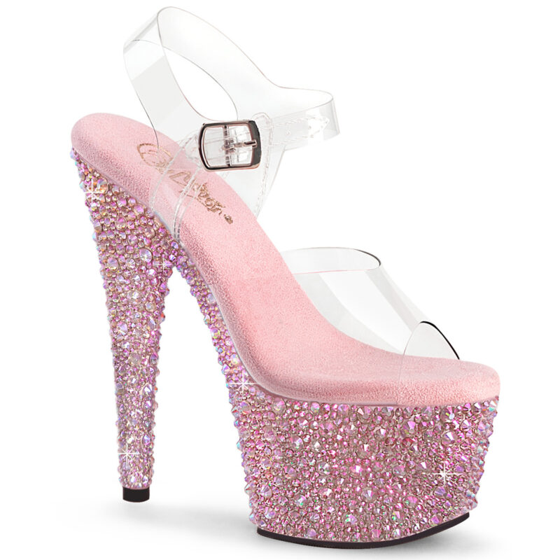 Durchsichtige High Heel Plateau Sandalette BEJEWELED-708MS mit unterschiedlich großen baby pinken Strasssteinen besetztem 7 cm Plateau und 17,5 cm Absatz, sowie einer weichgepolsterten pinken Innensohle.