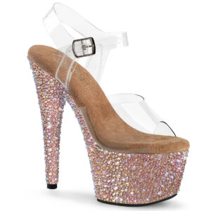 Durchsichtige High Heel Plateau Sandalette BEJEWELED-708MS mit unterschiedlich großen rose gold Strasssteinen besetztem 7 cm Plateau und 17,5 cm Absatz, sowie einer weichgepolsterten braunen Innensohle.
