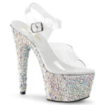 Durchsichtige High Heel Plateau Sandalette BEJEWELED-708MS mit unterschiedlich großen Strasssteinen besetztem 7 cm Plateau und 17,5 cm Absatz, sowie einer weichgepolsterten hellen Innensohle.