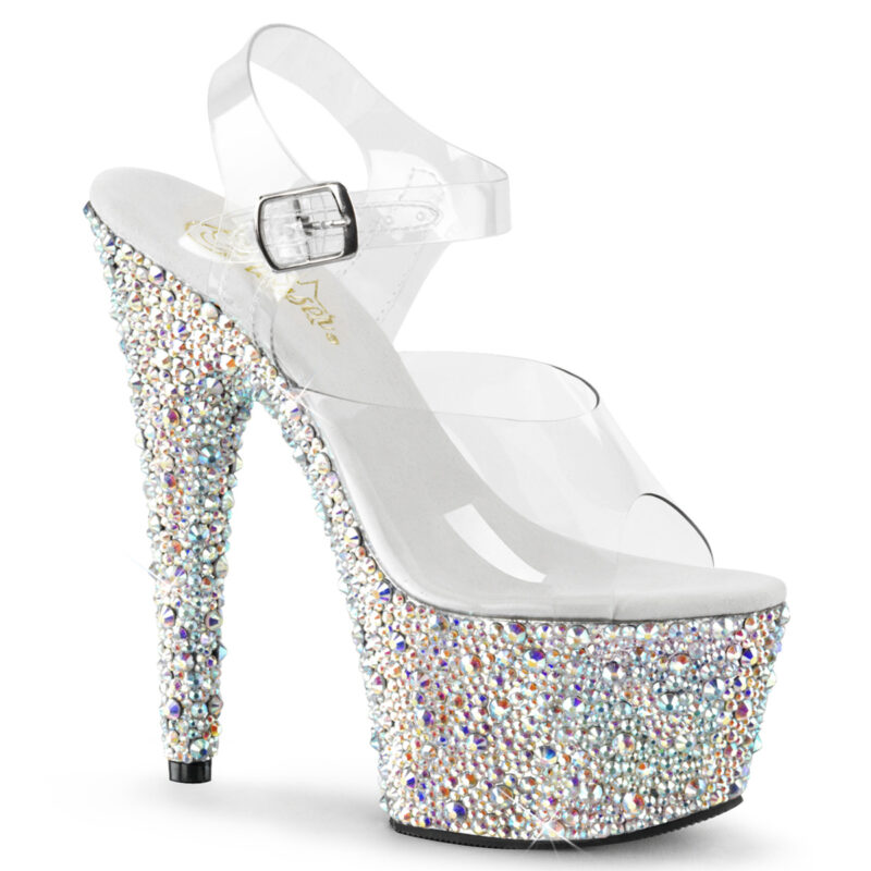 Durchsichtige High Heel Plateau Sandalette BEJEWELED-708MS mit unterschiedlich großen Strasssteinen besetztem 7 cm Plateau und 17,5 cm Absatz, sowie einer weichgepolsterten hellen Innensohle.