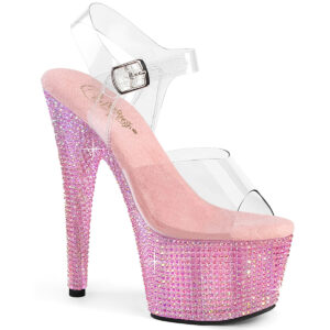 Durchsichtige High Heel Plateau Sandalette BEJEWELED-708RRS mit baby pinken Harz Strasssteinen besetztem 7 cm Plateau und 17,5 cm Absatz, sowie einer weichgepolsterten pinken Innensohle.