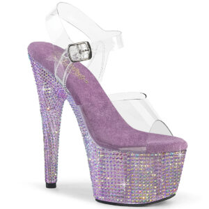 Durchsichtige High Heel Plateau Sandalette BEJEWELED-708RRS mit lavendelfarbigen Harz Strasssteinen besetztem 7 cm Plateau und 17,5 cm Absatz, sowie einer weichgepolsterten Innensohle.