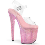 Durchsichtige High Heel Plateau Sandalette BEJEWELED-808RRS mit baby pinken Harz Strasssteinen besetztem 10 cm Plateau und 20 cm Absatz, sowie einer weichgepolsterten pinken Innensohle.