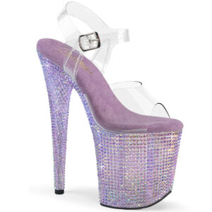 Durchsichtige High Heel Plateau Sandalette BEJEWELED-808RRS mit lavendelfarbigen Harz Strasssteinen besetztem 10 cm Plateau und 20 cm Absatz, sowie einer weichgepolsterten Innensohle.