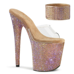 Durchsichtige Pantolette, mit rose gold Strasssteinen besetztem 10 cm Plateau und 20 cm Absatz, sowie einem zusätzlichen strassbesetzten, breitem Fesselriemchen und einer weichgepolsterten braunen Innensohle.