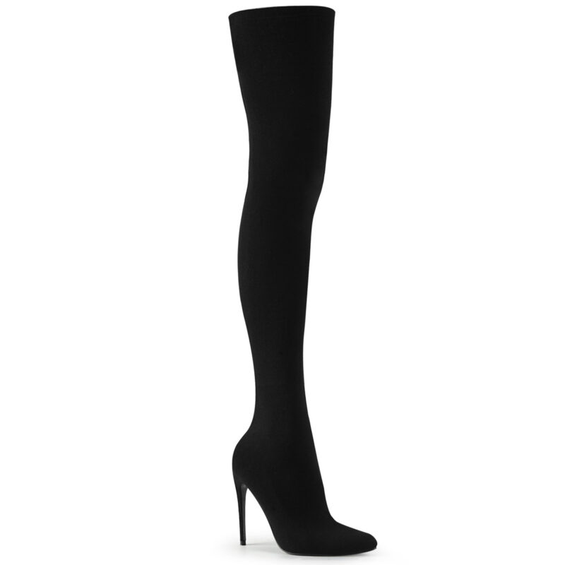 High Heel Overknee Stretch Stiefel aus schwarzem Nylon mit 12,5 cm hohem Absatz von Pleaser USA.