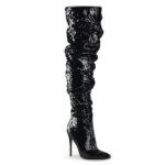 Gerüschter High Heel Overknee Stiefel komplett mit schwarzen Pailletten besetzt und 12,5 cm hoher Absatz von Pleaser USA.
