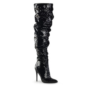 Gerüschter High Heel Overknee Stiefel komplett mit schwarzen Pailletten besetzt und 12,5 cm hoher Absatz von Pleaser USA.