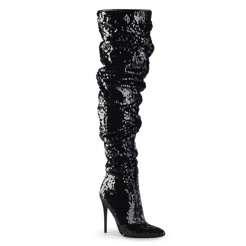 Gerüschter High Heel Overknee Stiefel komplett mit schwarzen Pailletten besetzt und 12,5 cm hoher Absatz von Pleaser USA.