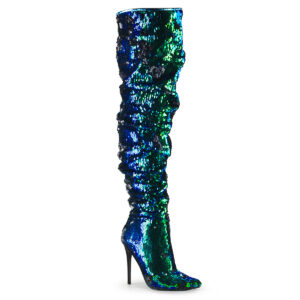 Gerüschter High Heel Overknee Stiefel komplett mit grünen Pailletten besetzt und 12,5 cm hoher Absatz von Pleaser USA.