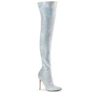 Weisser Multi Glitter High Heel Overknee Stiefel mit 12,5 cm Stiletto Absatz von Pleaser USA.