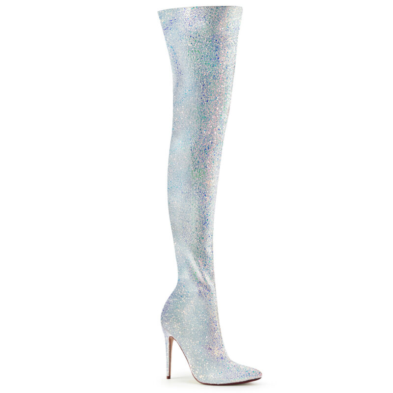 Weisser Multi Glitter High Heel Overknee Stiefel mit 12,5 cm Stiletto Absatz von Pleaser USA.