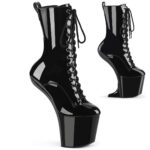 Absatzlose Heelless Plateau Stiefelette CRAZE-1040 in schwarz Lack mit Schnürung, an der Ferse 20 cm hoch und 7,6 cm Plateau.