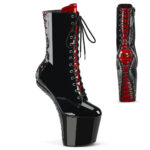 Zweifarbige Heelles Plateau Stiefelette schwarz-rot Lack mit Schnürung vorne und Reißverschluss seitlich, korsettartiger Schnürung an der Plattformunterseite und hinten von Pleaser USA.
