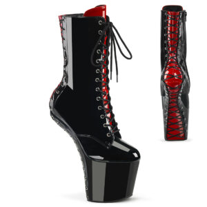 Zweifarbige Heelles Plateau Stiefelette schwarz-rot Lack mit Schnürung vorne und Reißverschluss seitlich, korsettartiger Schnürung an der Plattformunterseite und hinten von Pleaser USA.