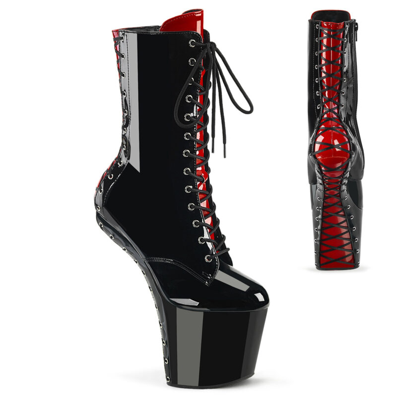 Zweifarbige Heelles Plateau Stiefelette schwarz-rot Lack mit Schnürung vorne und Reißverschluss seitlich, korsettartiger Schnürung an der Plattformunterseite und hinten von Pleaser USA.