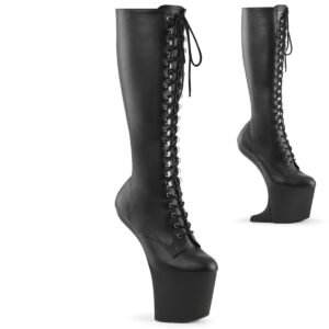 Absatzlose Heelless Plateau Kniestiefel mit Schnürung CRAZE-2023 schwarz Stretchkunstleder, an der Ferse 20 cm hoch und 7,6 cm Plateau.