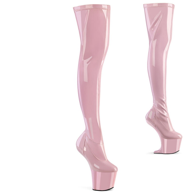 Absatzlose Heelless Plateau Overknee Stiefel CRAZE-3000 aus baby pinkem Stretchlack, an der Ferse 20 cm hoch und 7,6 cm Plateau.
