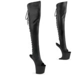 Fersen-und zehenfreie absatzlose Heelless Plateau Overknee Stiefel CRAZE-3019 aus schwarzem Kunstleder mit Schnürung und Reißverschluss, an der Ferse 20 cm hoch und 7,6 cm Plateau.