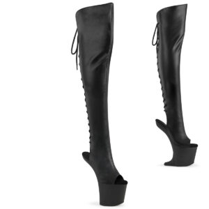 Fersen-und zehenfreie absatzlose Heelless Plateau Overknee Stiefel CRAZE-3019 aus schwarzem Kunstleder mit Schnürung und Reißverschluss, an der Ferse 20 cm hoch und 7,6 cm Plateau.