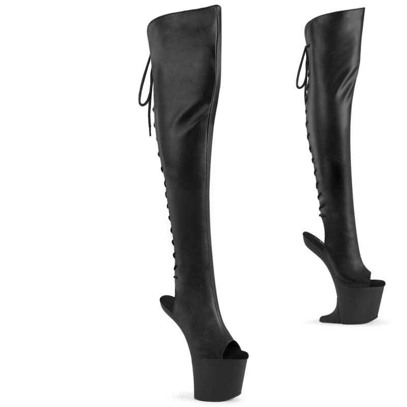 Fersen-und zehenfreie absatzlose Heelless Plateau Overknee Stiefel CRAZE-3019 aus schwarzem Kunstleder mit Schnürung und Reißverschluss, an der Ferse 20 cm hoch und 7,6 cm Plateau.