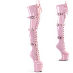 Absatzlose Heelless Plateau Overknee Stiefel CRAZE-3028 aus baby pinkem Stretchlack mit Schnürung und Schnallen, an der Ferse 20 cm hoch und 7,6 cm Plateau.