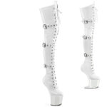 Absatzlose Heelless Plateau Overknee Stiefel CRAZE-3028 aus weissem Stretchlack mit Schnürung und Schnallen, an der Ferse 20 cm hoch und 7,6 cm Plateau.