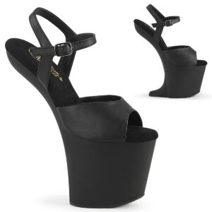 Absatzlose Heelless Plateau Riemchen Sandalette in schwarz Kunstleder, an der Ferse 20 cm hoch und das Plateau hat eine Höhe von 7,6 cm.