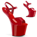 Absatzlose Heelless Plateau Riemchen Sandalette in rot Lack, an der Ferse 20 cm hoch und das Plateau hat eine Höhe von 7,6 cm.