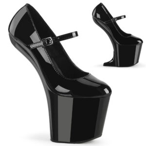 Absatzlose Heelless Mary Jane Pumps mit Plateau in schwarz Lack, an der Ferse 20 cm hoch und das Plateau hat eine Höhe von 7,6 cm.
