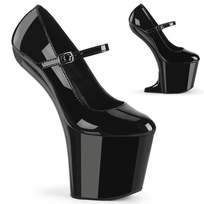 Absatzlose Heelless Mary Jane Pumps mit Plateau in schwarz Lack, an der Ferse 20 cm hoch und das Plateau hat eine Höhe von 7,6 cm.