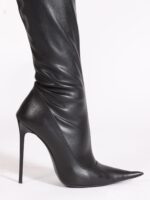 Extralanger Crotch Overknee Stiefel mit 12,5 cm hohen lackierten Absätzen von Miceli - Made in Italy, Stretchkunstleder, schwarz.