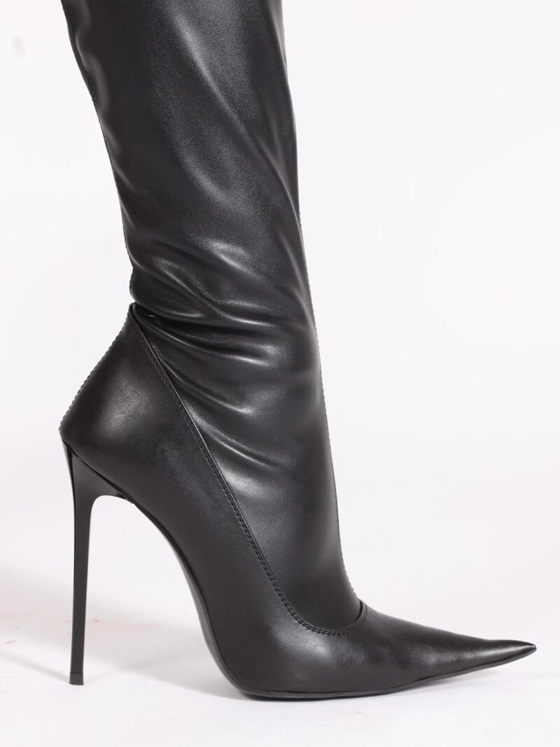 Extralanger Crotch Overknee Stiefel mit 12,5 cm hohen lackierten Absätzen von Miceli - Made in Italy, Stretchkunstleder, schwarz.