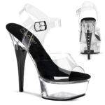 Durchsichtige High Heels Sandalette Captiva-608 mit klarem 4,5 cm hohem Plateau und schwarzem 14,5 cm Absatz, sowie einer schwarzen, weichen Lederinnensohle.