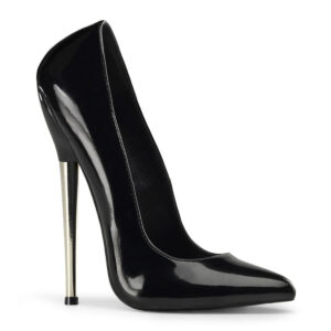 Dagger-01 High Heels mit 16 cm Stiletto Metall-Absatz, Lack, schwarz, mit Kunstlederinnensohle und Synthetiklaufsohle.