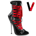 High Heel Stiefelette DAGGER-1032 mit 16 cm Metallabsatz, Schnürung und Metallreißverschluss, schwarz Lack, von Devious by Pleaser.