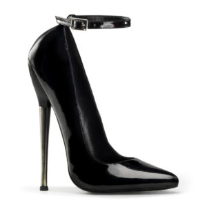 Dagger-12 High Heels mit Fesselriemchen und 16 cm Stiletto Metall-Absatz in schwarz Lack.