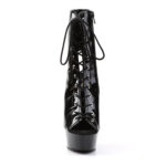 Zehenfreie Peep Toe Plateau Stiefelette mit Schnürung von Pleaser mit15 cm Absatz und 4 cm Plateau in schwarz Lack.