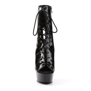 Zehenfreie Peep Toe Plateau Stiefelette mit Schnürung von Pleaser mit15 cm Absatz und 4 cm Plateau in schwarz Lack.