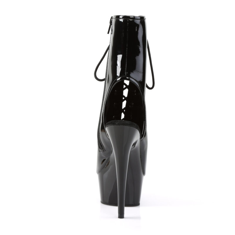 Zehenfreie Peep Toe Plateau Stiefelette mit Schnürung von Pleaser mit15 cm Absatz und 4 cm Plateau in schwarz Lack.