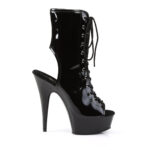 Zehenfreie Peep Toe Plateau Stiefelette mit Schnürung von Pleaser mit15 cm Absatz und 4 cm Plateau in schwarz Lack.