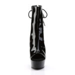 Offene zehenfreie Peep Toe Plateau Stiefelette mit Schnürung hinten von Pleaser mit 15 cm Absatz in schwarz Lack.