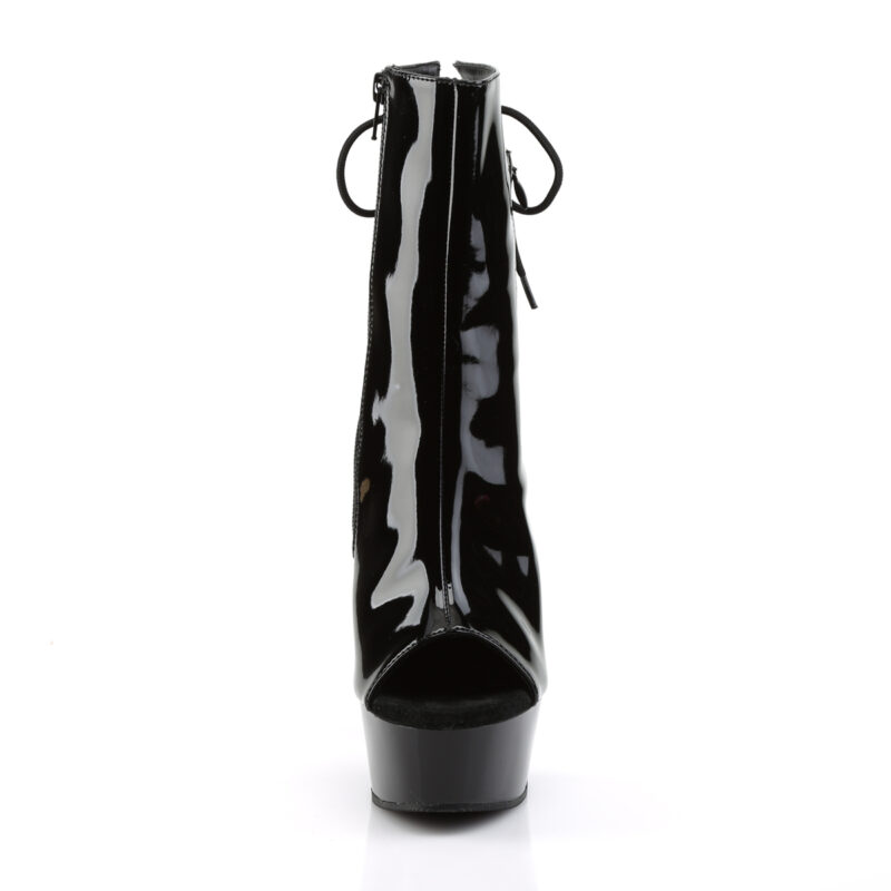 Offene zehenfreie Peep Toe Plateau Stiefelette mit Schnürung hinten von Pleaser mit 15 cm Absatz in schwarz Lack.