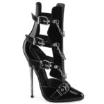 Offene High Heel Stiefelette DAGGER-15 mit 16 cm Metallabsatz mit 3 verstellbaren Riemchen sowie mehreren Metallkettchen. schwarz Lack.