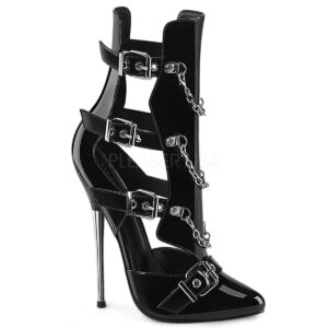 Offene High Heel Stiefelette DAGGER-15 mit 16 cm Metallabsatz mit 3 verstellbaren Riemchen sowie mehreren Metallkettchen. schwarz Lack.