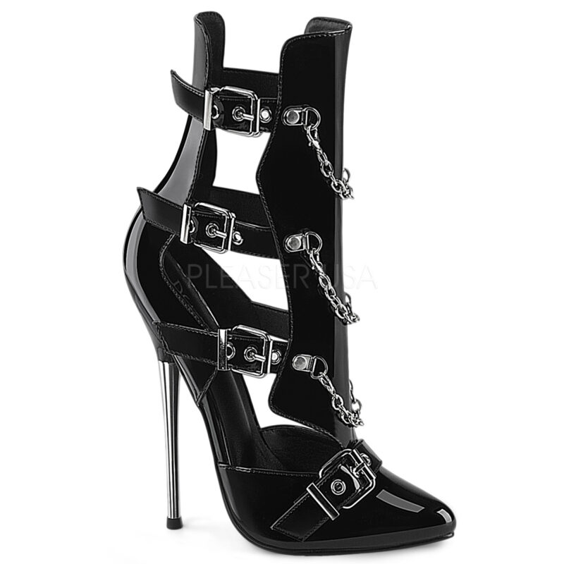 Offene High Heel Stiefelette DAGGER-15 mit 16 cm Metallabsatz mit 3 verstellbaren Riemchen sowie mehreren Metallkettchen. schwarz Lack.
