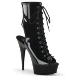 Zehenfreie Peep Toe Plateau Stiefelette mit Schnürung von Pleaser mit15 cm Absatz und 4 cm Plateau in schwarz Lack.